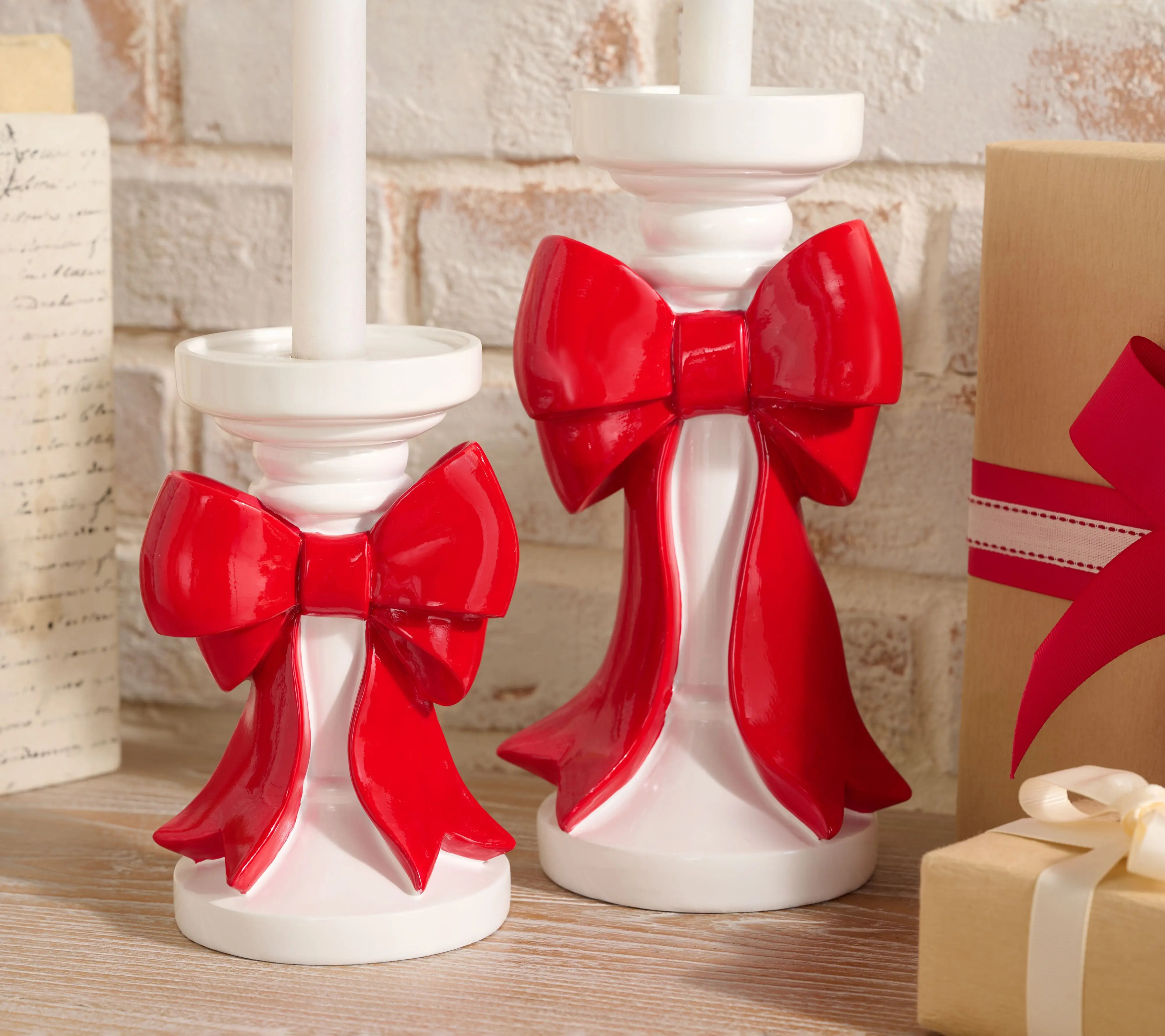Set of 2 Pedestal Candleholders with Bow by Valerie Set of 2 Pedestal Candleholders with Bow by Valerie