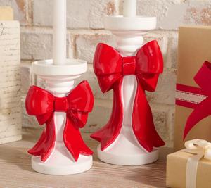 Set of 2 Pedestal Candleholders with Bow by Valerie