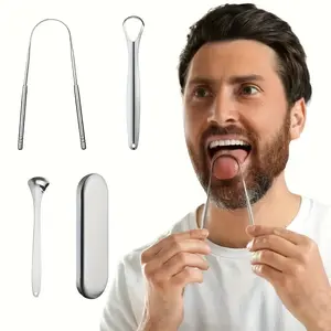 4-Piece Stainless Steel Tongue Scraper Cleaner Set, Adult Tongue Cleaner, U-Shaped Tongue Brush, Fresh Breath, Oral Hygiene Care Tool, Tongue Scraping Tool