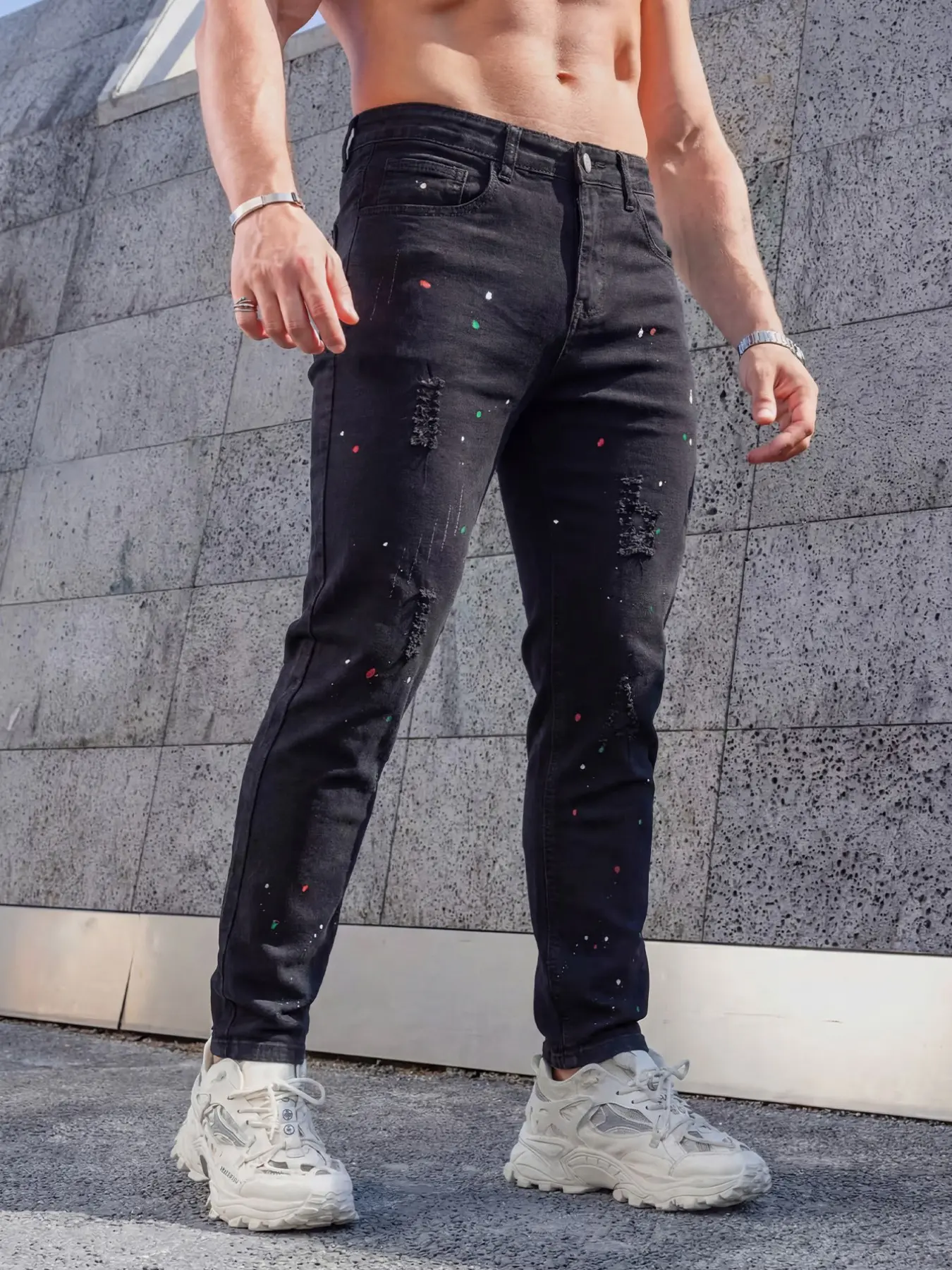 Four-season men's black-gray cool washed stretch skinny jeans with splashed ink and ripped design, long denim pants, Y2K style American street casual and versatile, suitable as a gift for boyfriend or husband