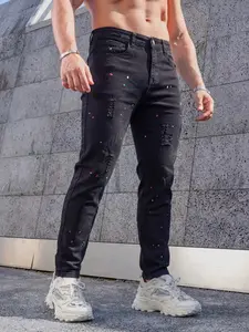 Four-season men's black-gray cool washed stretch skinny jeans with splashed ink and ripped design, long denim pants, Y2K style American street casual and versatile, suitable as a gift for boyfriend or husband
