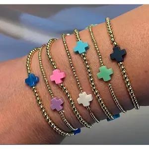 BloomWish S Gold Bracelets for Women Stack Non Tarnish Cross Pearl Stretch Beaded Bracelets Jewelry Birthday Gifts for Women Easter Basket Stuffers