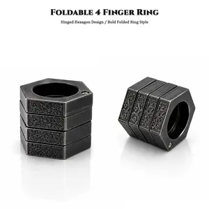 Foldable 4 Finger Ring, Vintage Engraved Hexagon Statement Ring, Hinged Folded Ring with Antique Silver Tone Finish, Unique Jewelry Gift