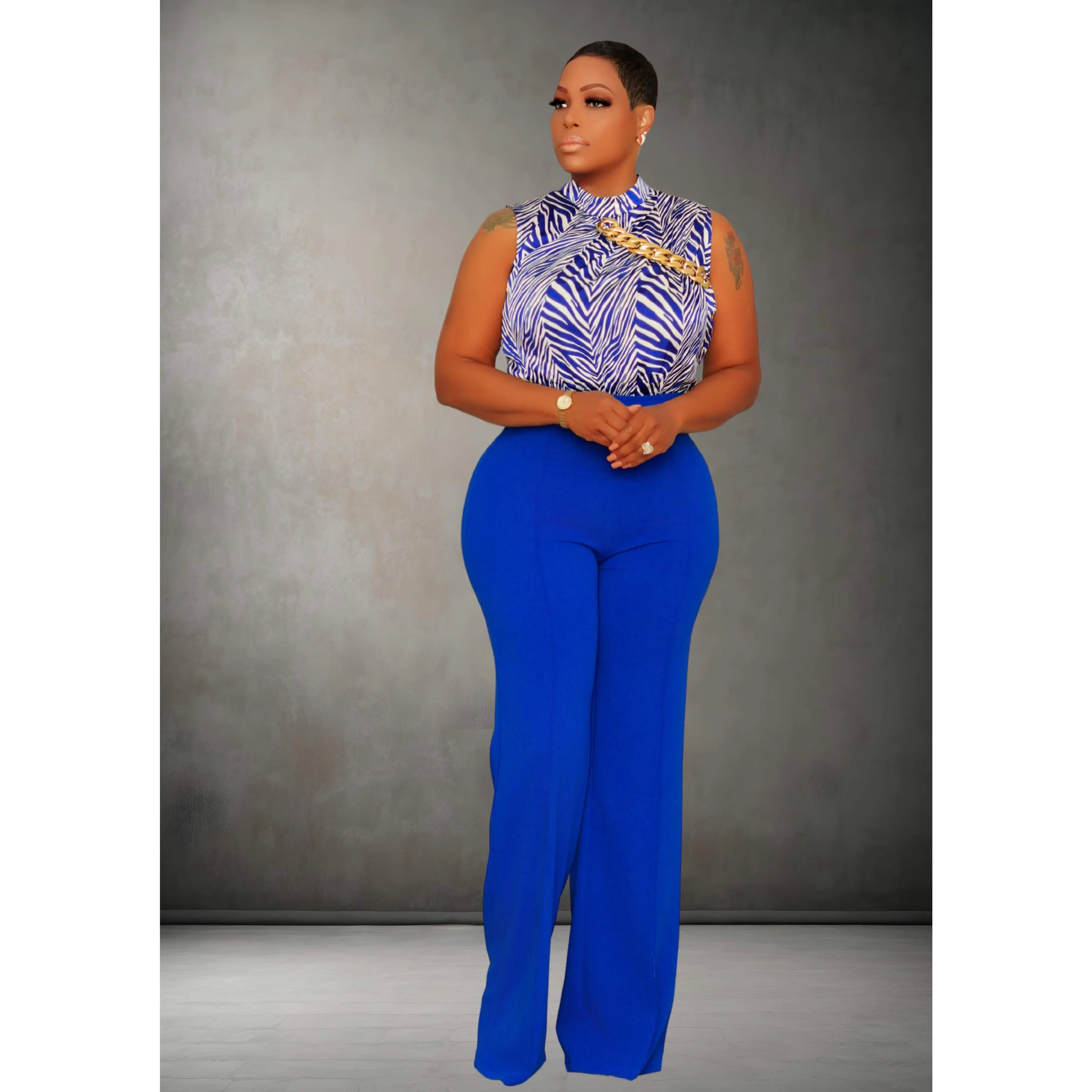 Way To Go Zebra Woven Print Top Jumpsuit (Blue)