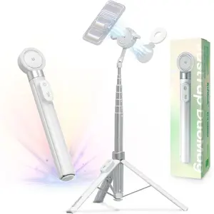 67" Dual-Sided  Phone Tripod for  MagSafe, Auto-Open Selfie Stick Tripod with Remote,  Clamp, Portable Cell Phone Tripod Stand for Travel & Content Creation(White)