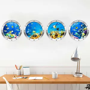 4 Piece Set Underwater World Ocean Animal Wall Stickers, Colorful Turtle Fish Fake Window Wall Decals, 3D Removable Sea View for Living Room Bathroom Toilet, Decorative Wall Sticker
