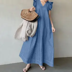 Cowboy Commuting V-Neck Bohemian Loose Oversized Long Dress Casual Beach Lightweight Denim Fabric Ruffle Sleeveless Detail Dark Blue Blue Black