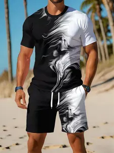 Men's 3D Print Casual Two-Piece Set, Short Sleeve T-Shirt + Shorts, Breathable Outdoor Sports Suit, Summer Digital Print Set, Casual Sporty Set