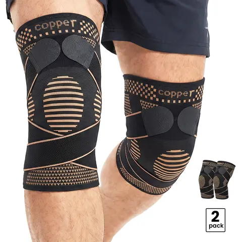 UGEM Copper Knee Braces with Straps for Women and Men (2 Pack) - Dual Strap Support, Breathable Athletic Compression Sleeves