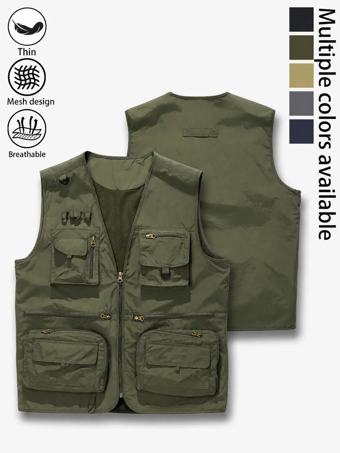 Mens Lightweight Breathable Utility Vest Quick Dry Mesh Fishing Vest Multi Pocket Tactical Outdoor Vest Sleeveless Hiking Camping Travel Photography Work Vest Summer Safari Waistcoat Multiple Color Options Casual Streetwear Zip Front Jacket Travel Gear