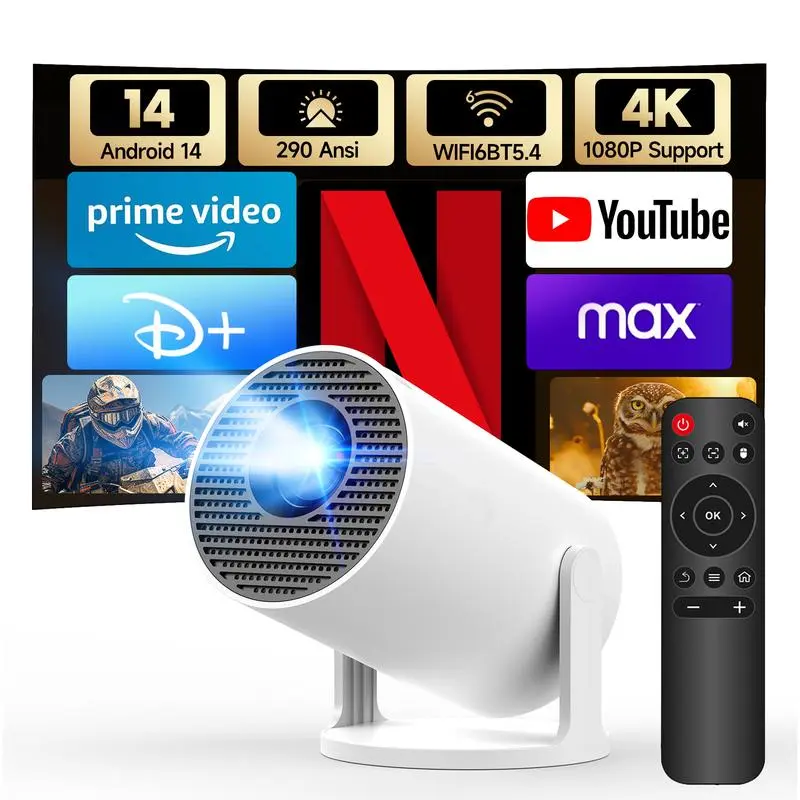 Portable HD Smart Projector, Wireless Projector with WiFi And BT5.0, 4K Supported Projector, Built-in Apps, Native 1080P, 180-Degree Rotation, Built-in Speaker, with Remote Control, Auto Focus, Keystone Correction, Suitable for Home Theater