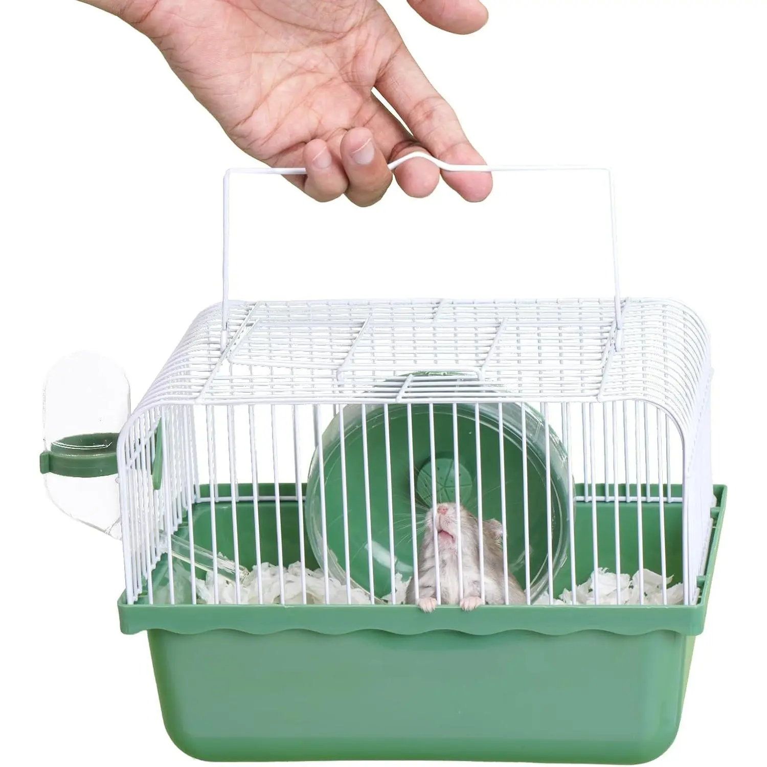 9.1x6.7x6.3 inch Small Portable Hamster Cages, Hamster Carrier, Pet Travel Carrier, Small Animal Pet Cages, with Water Bottle, Food Bowl, Wheel, Green
