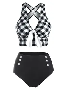Tummy Control Tankini Swimsuit Plaid Print Swimwear Crisscross Mock Button Knotted Summer Beach Bathing Suit