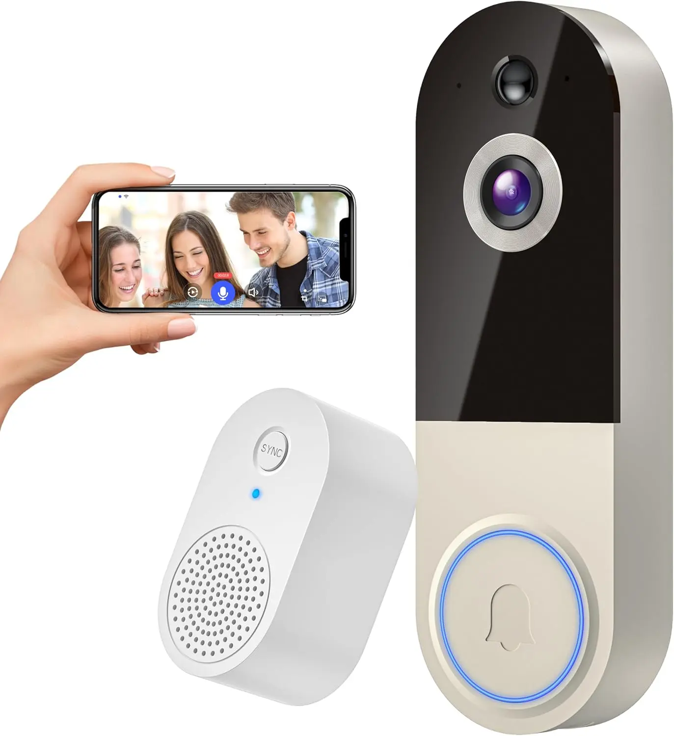 1080p Wireless Doorbell Camera with Receiver, AI Human Detection, 2-Way Audio, Night Vision, Cloud Storage (Sold Separately), Real-Time Alerts, Rechargeable Battery-Powered, 2.4Ghz Wi-Fi