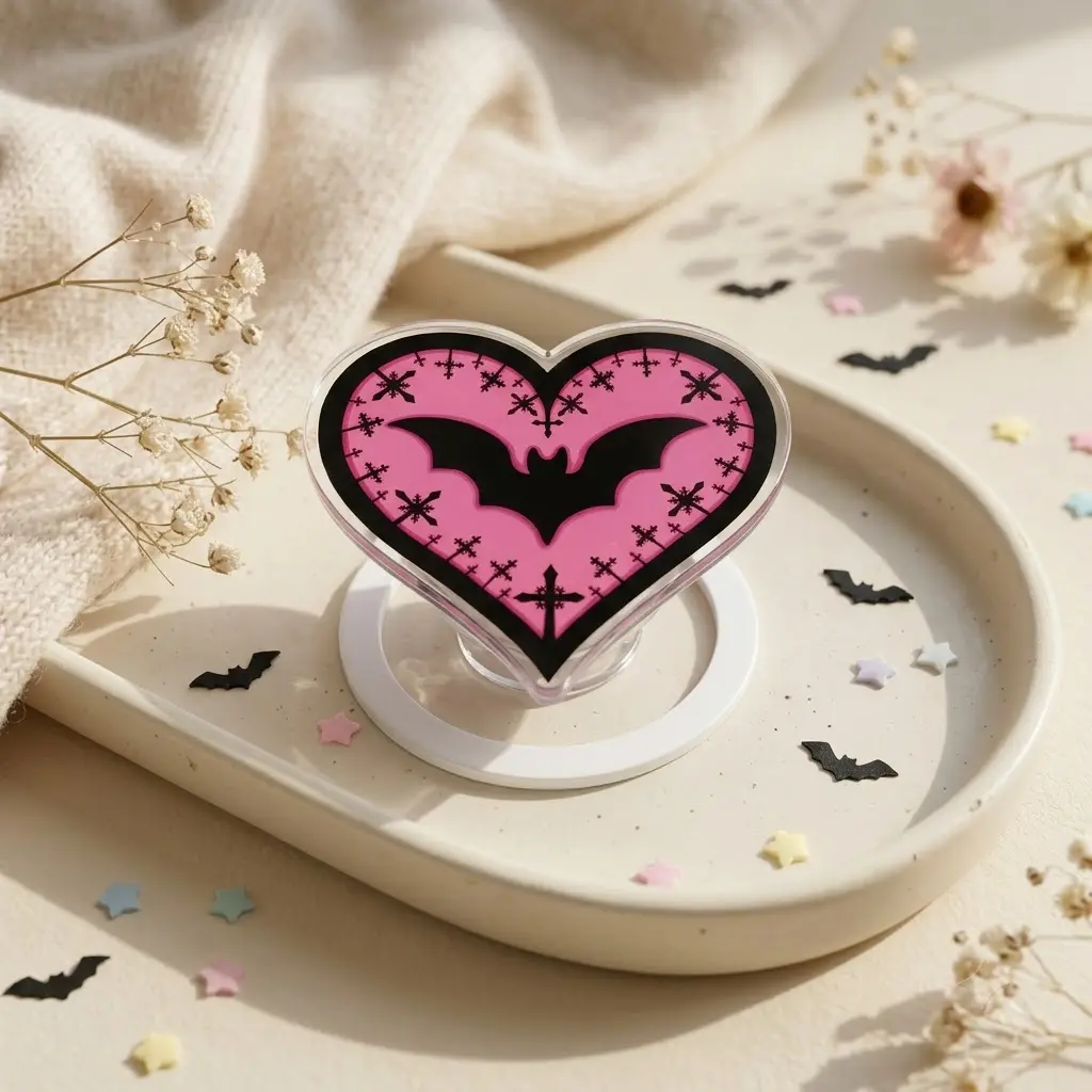 Pastel Goth Pink Heart Bat Phone Grip Holder, Cute Gothic Expandable Phone Stand with Cross Design for Smartphones