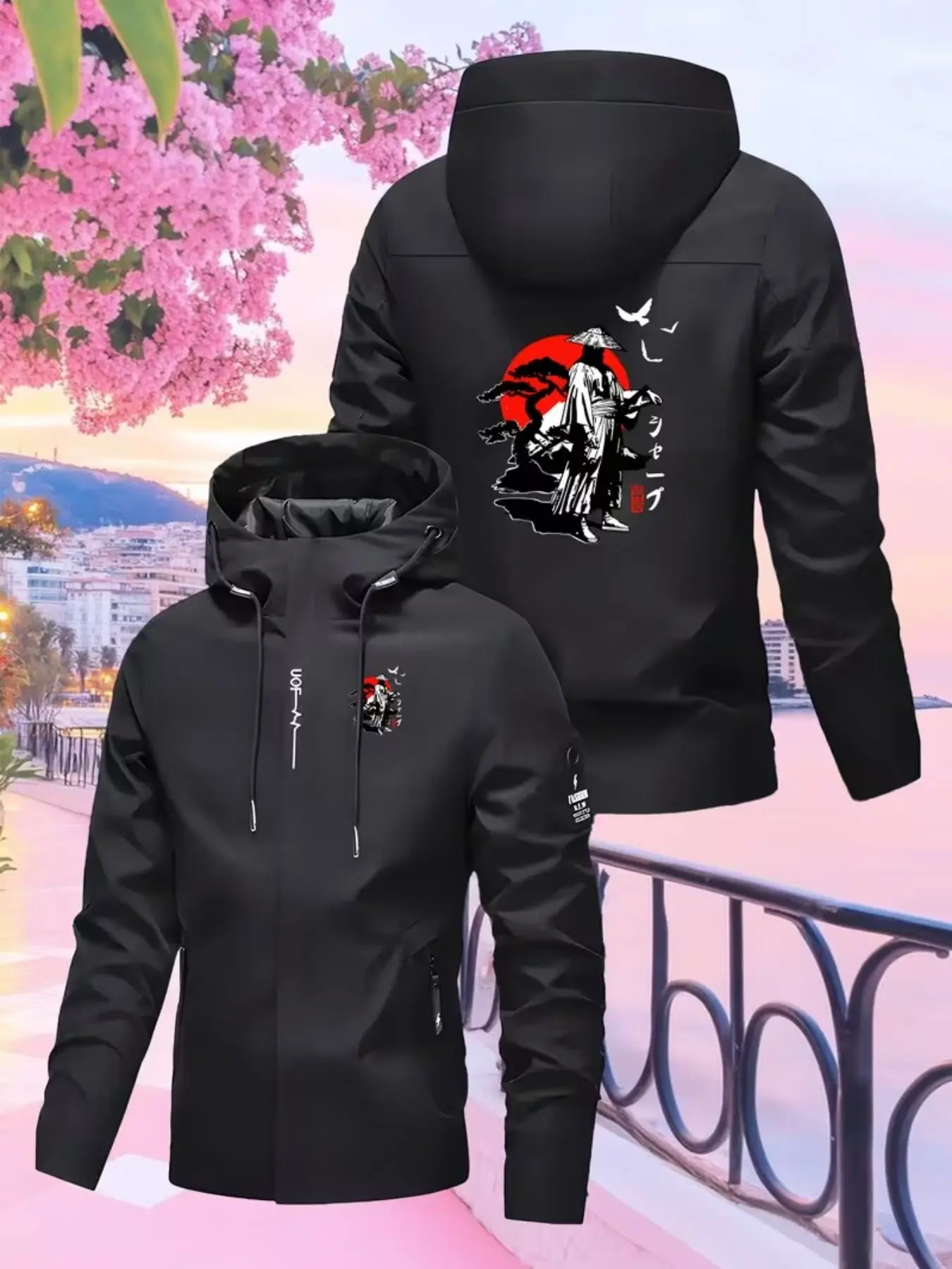 Men's Trendy Hooded Jacket, Samurai Style Design, Adjustable Drawstring, Unique Pattern Print, Casual Outdoor Sports, Spring & Fall