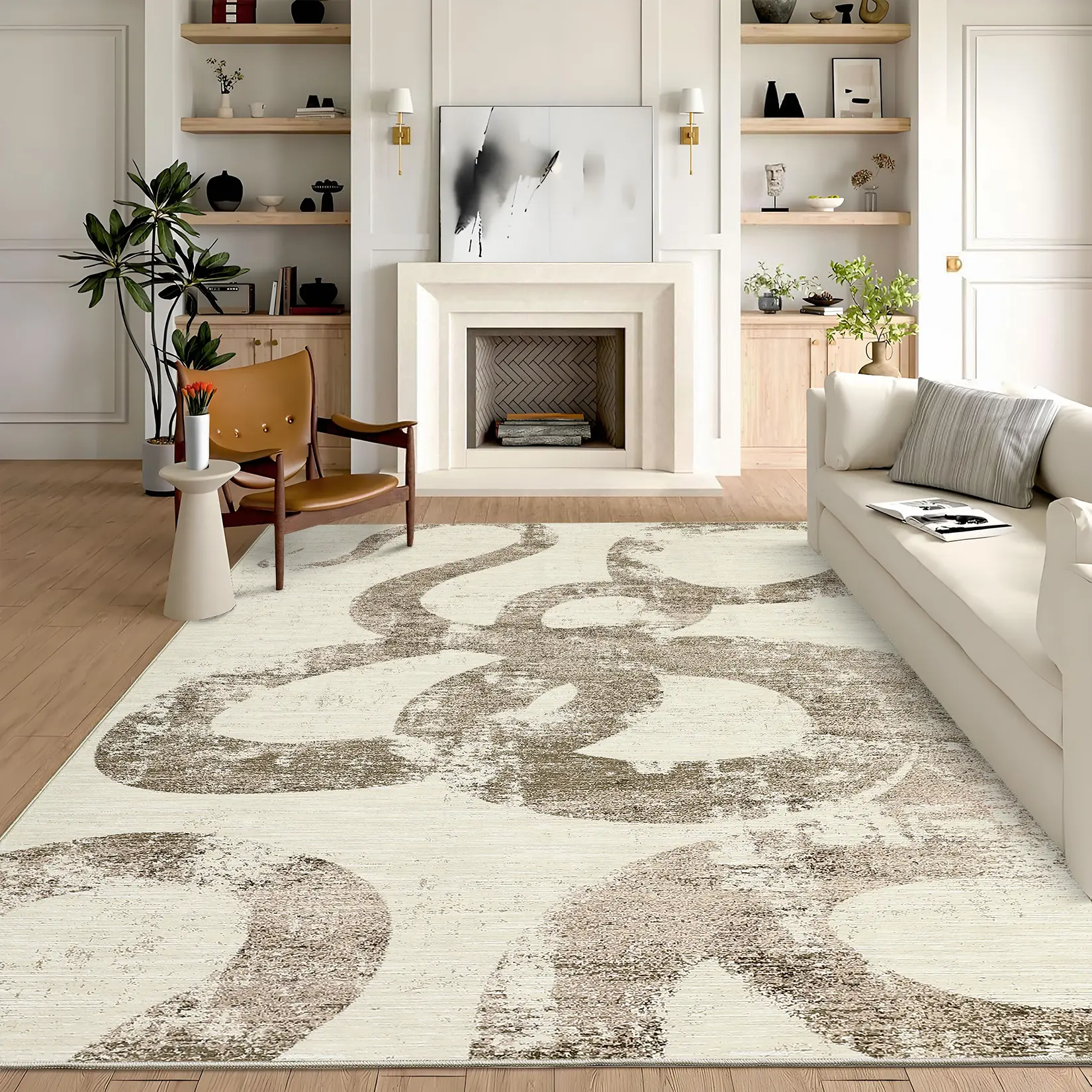 Modern Abstract Printed Floor Rug - Machine Washable, Foldable, Brown Indoor Area Rug for Living Room Decor