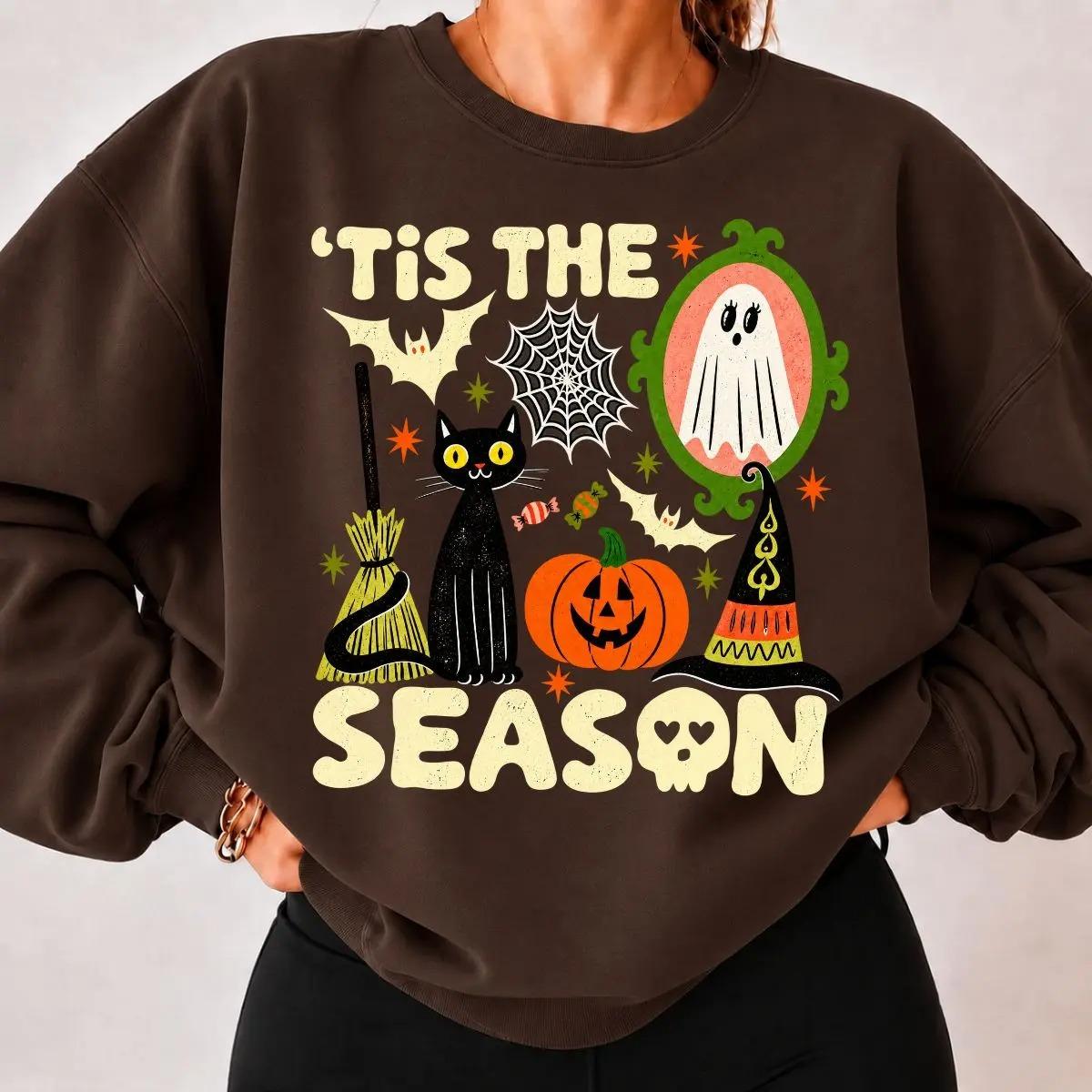 Tis The Season Halloween Sweatshirt, Retro Y2K Ghost Skeleton Pumpkin Graphic Crewneck, Spooky Autumn Pullover, Cute Halloween Gift for Women