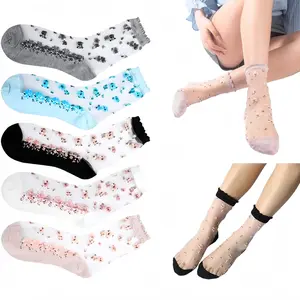 5 Pairs Sheer Floral Socks for Women, Embroidered Mesh Lace Ankle Socks, Breathable Summer Cute Transparent Stockings