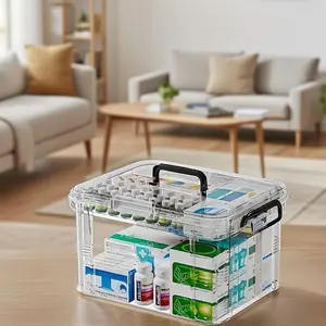 Transparent Double-Layer Waterproof Medicine Storage Box with Multiple Compartments, Clear Plastic Organizer for Home and Bedroom First Aid Supplies, Vitamins and Medications, Multilayer StorageGift