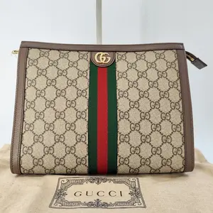 Pre-owned GUCCI Canvas Toiletry Bags GG Supreme Monogram Textured Dollar Calfskin Web Small Ophidia Wristlet Pouch Beige Ebony New Acero BF00281