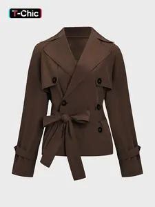 Trendy Solid Color Notch Lapel Double Breasted Long Sleeve Trench Coat Jackets