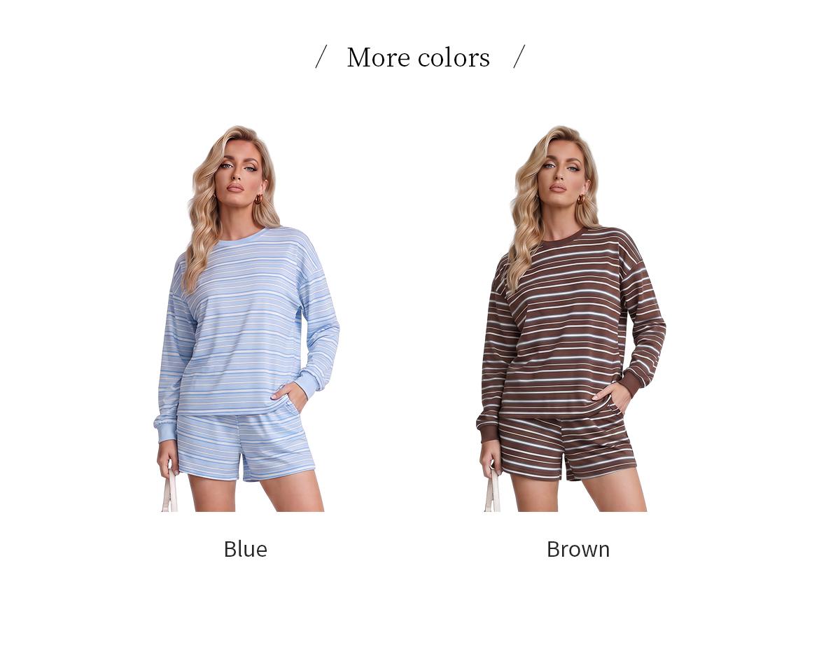 Chicovar Women's Striped Lounge Set, Oversized Long Sleeve Crewneck Top and Shorts Matching Set, Casual Relaxed Fit Two Piece Outfit, Comfy Everyday Loungewear #sohochic