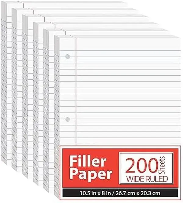 Stationery Supplies Wide-Ruled Loose-Leaf Notebook Filler Paper, 10.5” x 8”, 60 gsm, 200 Sheets Per Pack