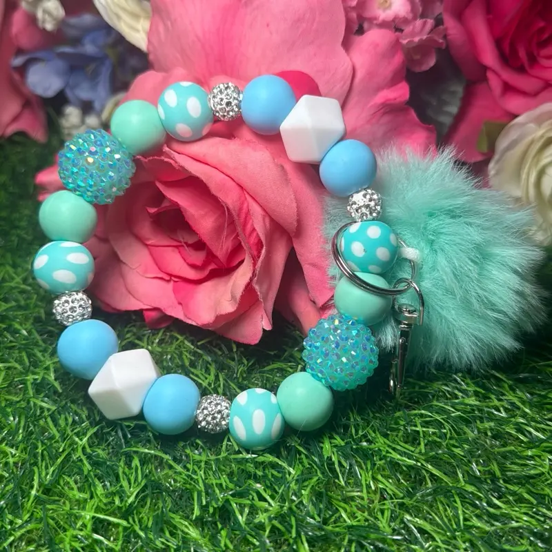 Mint to be polka wristlet keychain color scheme mint green, blue, white and bling beads made with wire