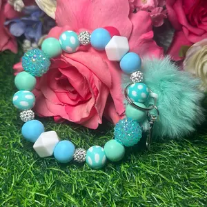 Sweet polka wristlet keychain color scheme mint green, blue, white and bling beads made with wire