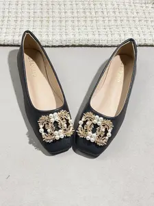 Women's Square Toe Ballet Flats, Soft Artificial Leather, Pearl Decor, Comfortable All-Season Casual Shoes, Perfect for Daily Wear