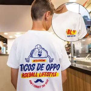 Youth and Adult Tacos De Oppo Graphic T-Shirt, Baseball Lifestyle BL101 Tee, Funny Taco Streetwear Shirt, Retro Food Graphic Tee, Back Print Statement Shirt, Casual Unisex Summer Tee