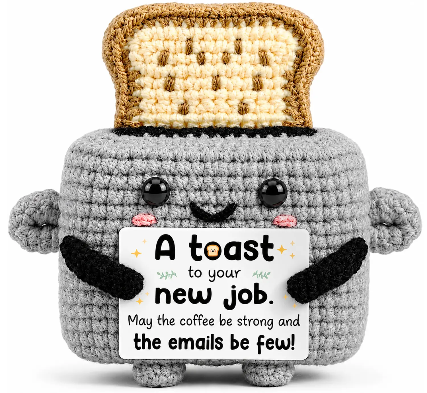 Cute Mini Crochet Toaster Desk Ornament with “A Toast to Your New Job” Card - New Job Gift for Coworkers, Work Besties & Friends