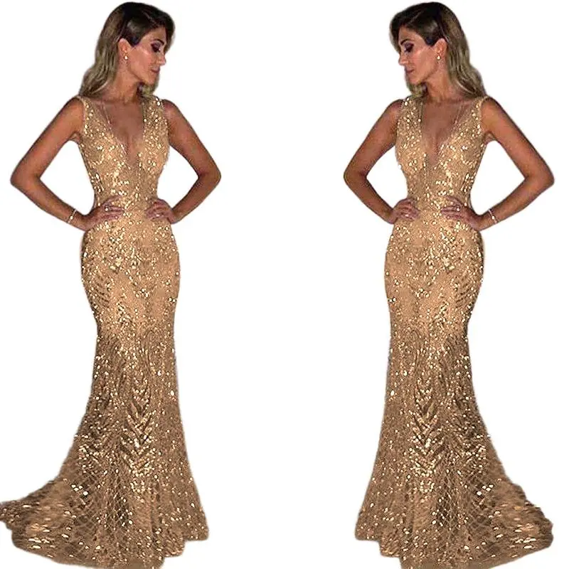 Women’s Sleeveless Deep V Neck Sequin Mermaid Maxi Dress - Elegant Formal Evening Gown for Prom, Wedding Guest (Sizes S-2XL) Womenswear Anniversary Cocktail Fashion Feminine Fitted Glossy Light Metallic Outfit