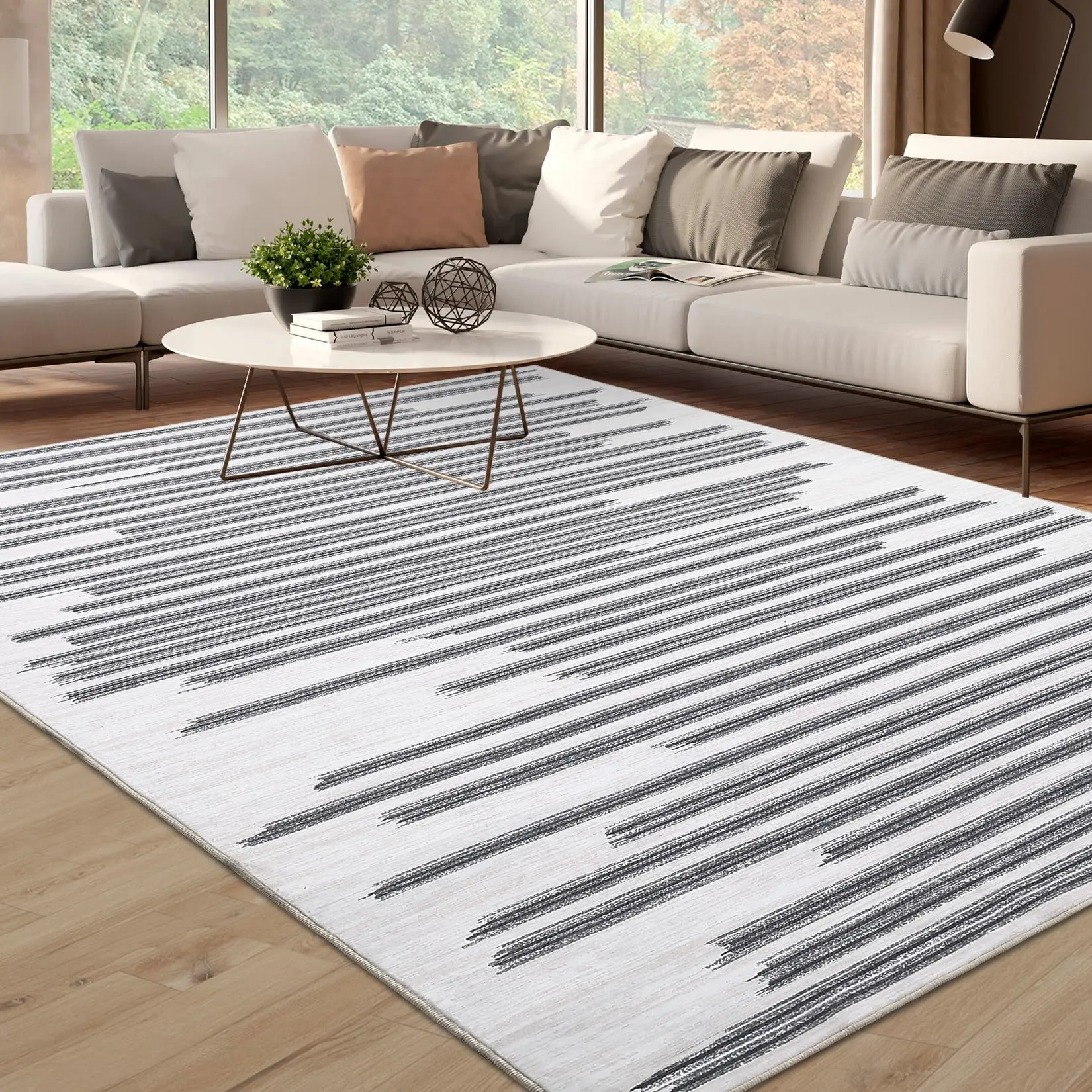 【GARVEE】Area Rug 9x12 Large Rug for Living Room Bedroom Modern Berber Stripe Area Rug Non Slip Non Shedding Rug Indoor Floor Cover Throw Accent Rug, Cream/Grey