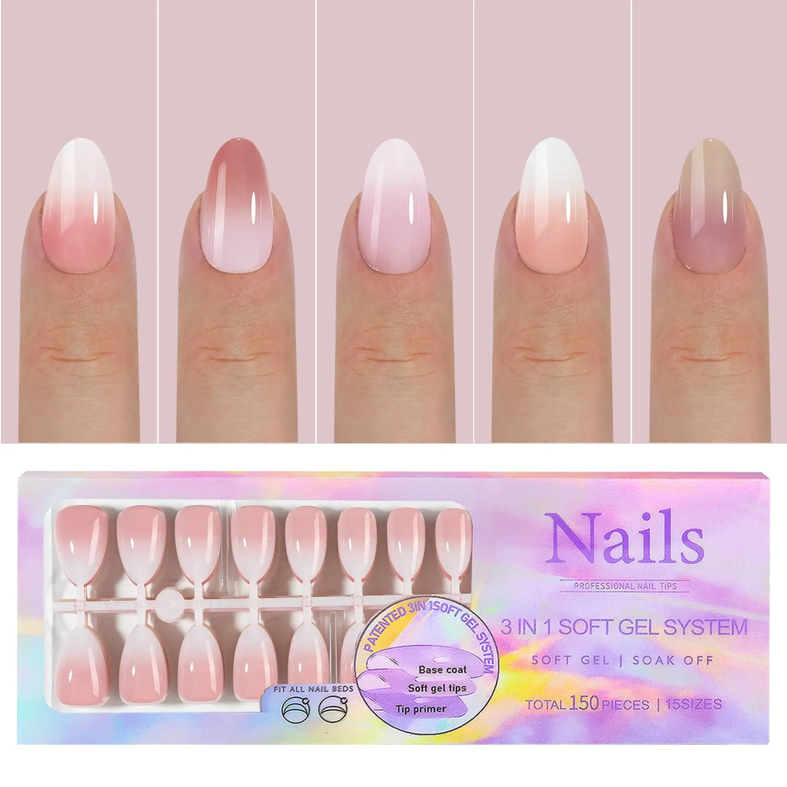 French Tip Press On Nails, 150Pcs French Gel Nail Tips, Soft Gel Pre-shaped No Need to File, for Nail Art DIY 15 Sizes