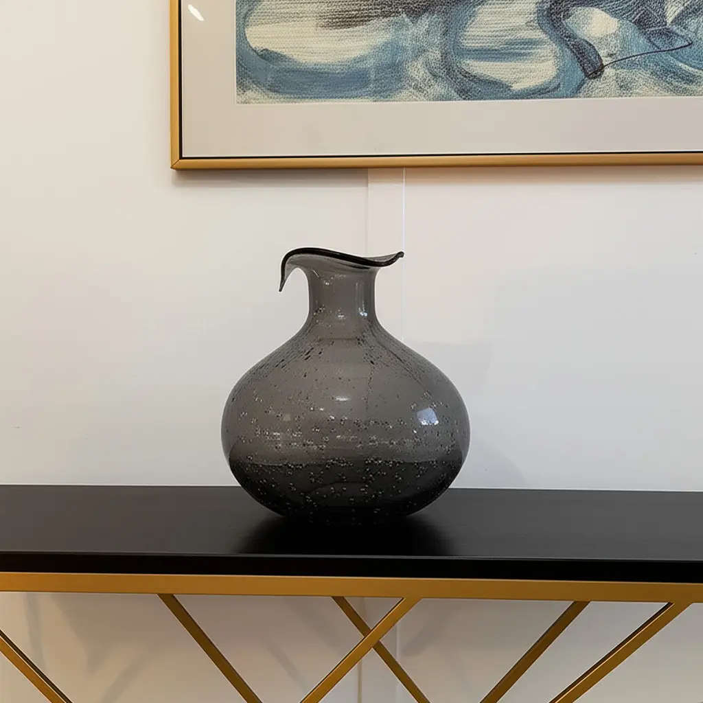 360 Stand 8.7in Light Gray Hand-Finished Bubble Glass Round Table Vase with Curved Lip, Modern-Transitional Indoor Floral Home Decor, Flower Display Container, Ideal Gift for Home Supplies Enthusiasts, Decorative Vases, All-Glass Vases