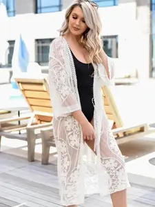 Women's Contrast Lace Sheer Open Front Kimono, Summer Clothes Women, Boho 3/4 Sleeve Crochet Kimono for Beach Vacation, Women's Swimwear for Summer, Swimwear Coverups