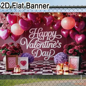 2D flat banner, 1pcHappy Valentine’s Day Party Decor Set - Pink Heart Balloons, Cherry Blossom Backdrop, Dark Pink Roses Vases, Romantic Valentine’s Day Event Decoration for Party Supplies