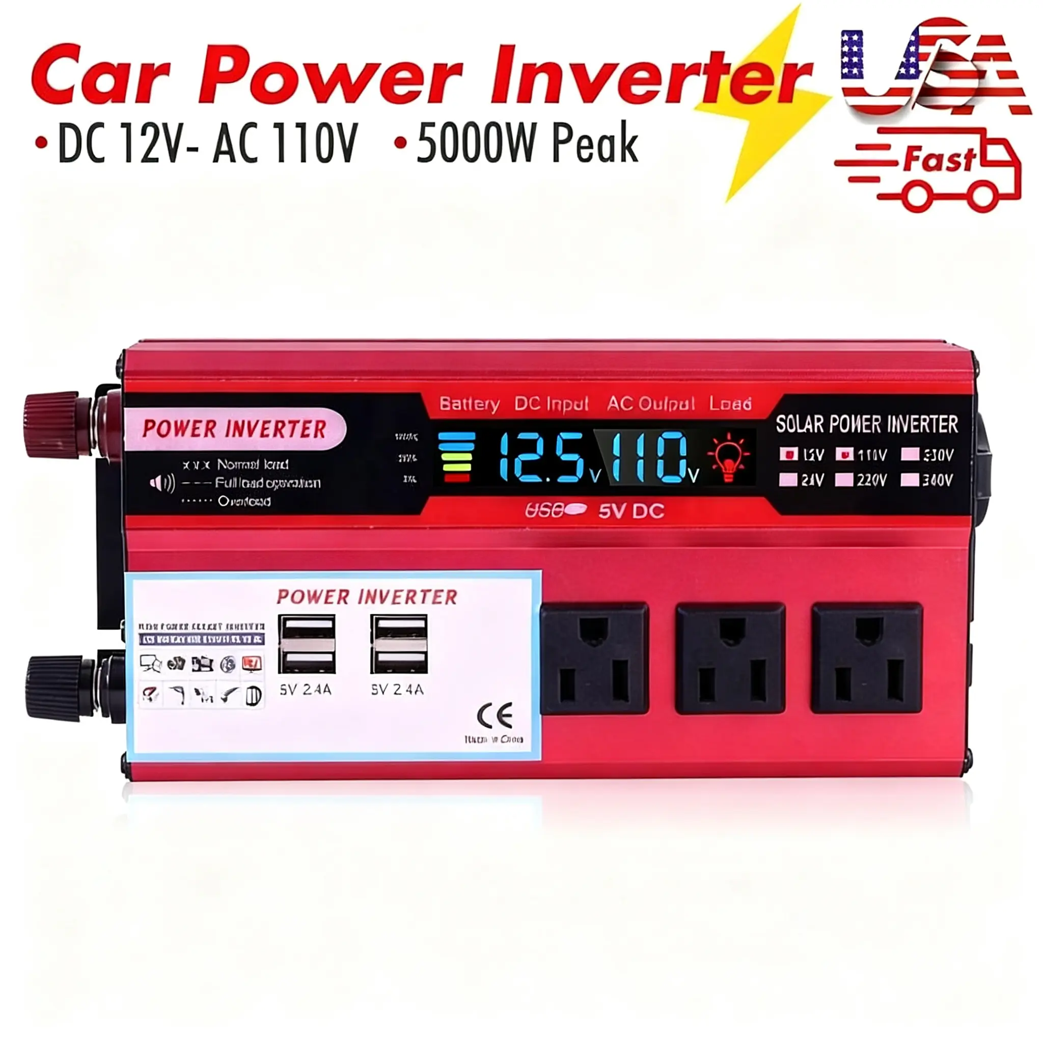 Durable Peak 5000W Car Power Inverter - DC 12V to AC 110V Output, Lightweight Compact Portable Unit, Multiple Outlets, Fast Charge USB Ports, for Road Trips, Camping & Car/RV Emergency Power Backup, Cars/Rvs/Trucks