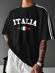 1 Piece Men‘s Vintage Italian Graphic T-Shirt, Regular Fit with Flag Print and Striped Sleeves, for Casual Streetwear Style and Daily Wear