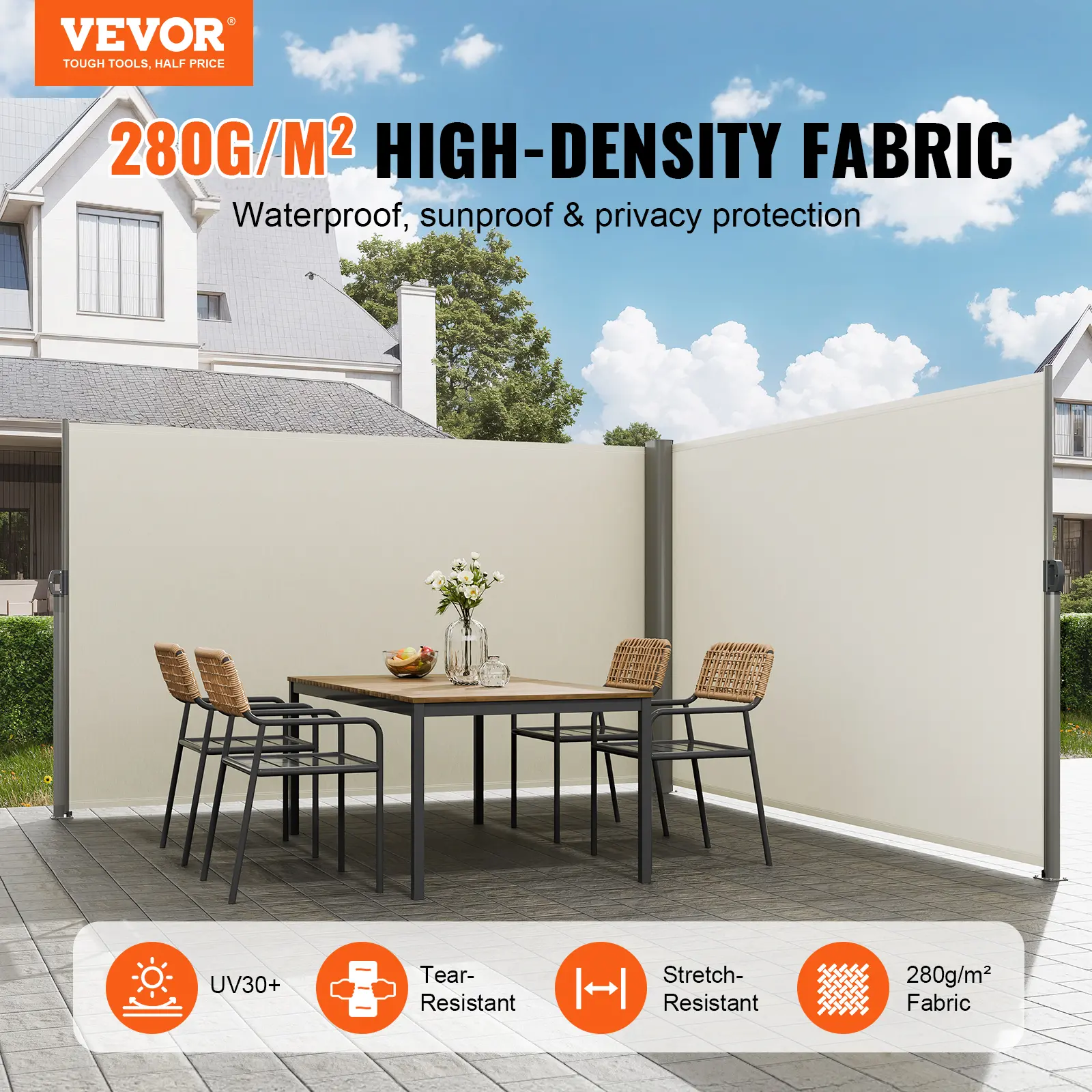 【summerfinds】VEVOR Retractable Side Awning, 71''x 236'' Aluminum Outdoor Privacy Screen, 280g Polyester Water-proof Retractable Patio Screen, UV 30+ Room Divider Wind Screen for Patio, Backyard, Balcony, Beige