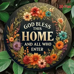 2D Flat, 1pc 8x8 Inch Aluminum Metal Sign - "God Bless This Home and All Who Enter" Round Wreath Decor with Vibrant Floral Design, Welcome Porch & Door Decoration for Spiritual Home Ambiance, Spiritual Decoration| Floral Wreath Design| Durable Aluminum, O