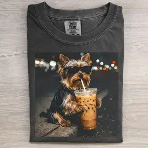 Yorkie Dog Drinking Iced Coffee T-shirt, Vintage 90s Dog Meme Graphic Tee, Animal Lover Gift, Unisex Fit Design, Gift for Men and Women