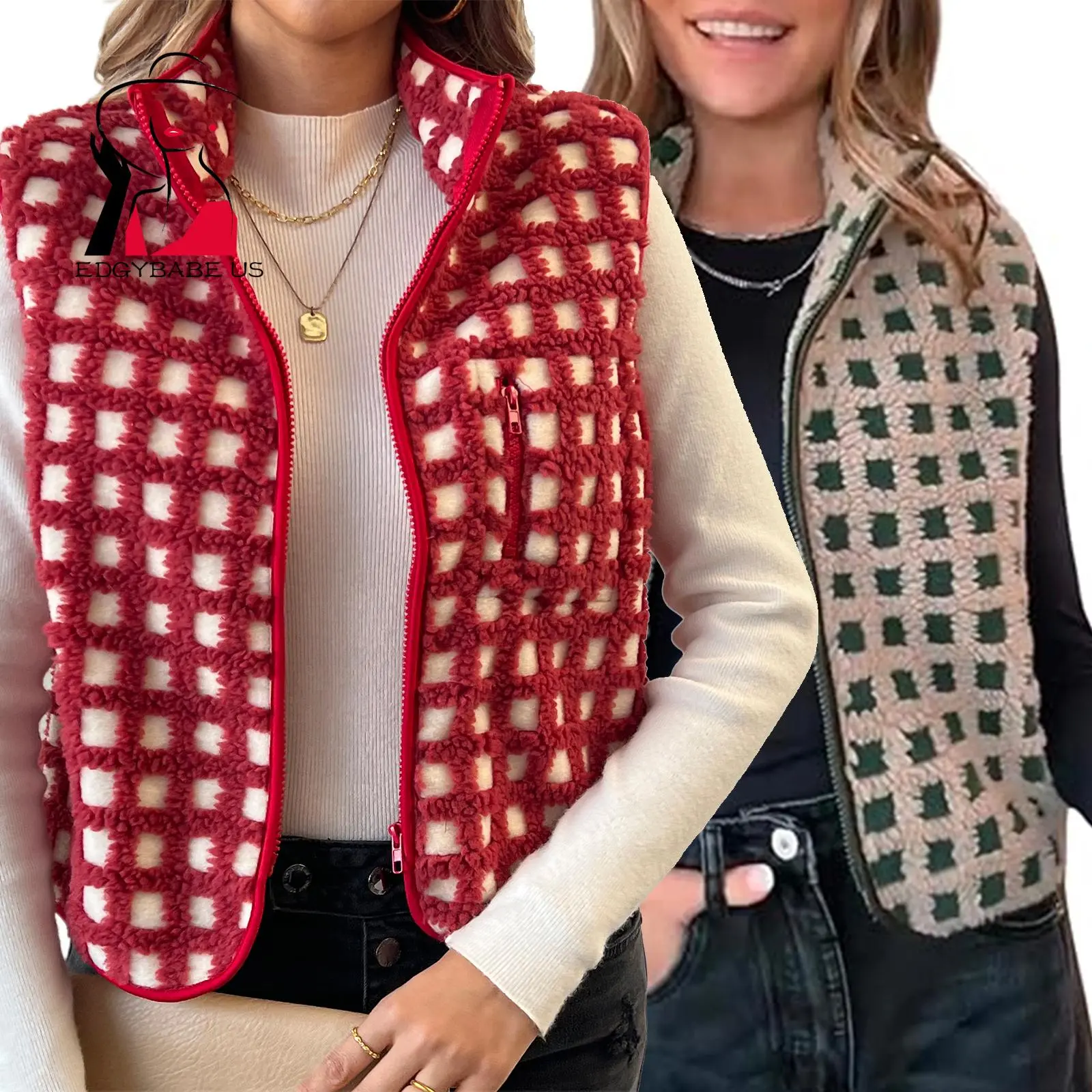 (influencer-approved) EdgyBabe Womens Checkered Sherpa Vest Sleeveless Winter Fleece Jacket High Neck Zip Up Plaid Gilet with Chest Pocket Tops Summer Casual Womenswear