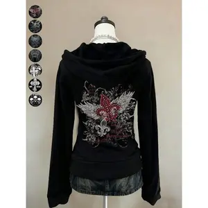 Women’s retro punk street-style jacket, Y2K-style wing-cross print, autumn/winter slim-fit hooded sweatshirt GARMENTARY