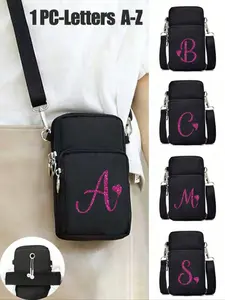Silver Zipper Black Mobile Phone Storage Shoulder Bag, Rose Red Sequin Letters A-Z, Fashionable And Convenient Outdoor Activity Accessories Mini Mobile Phone Bag