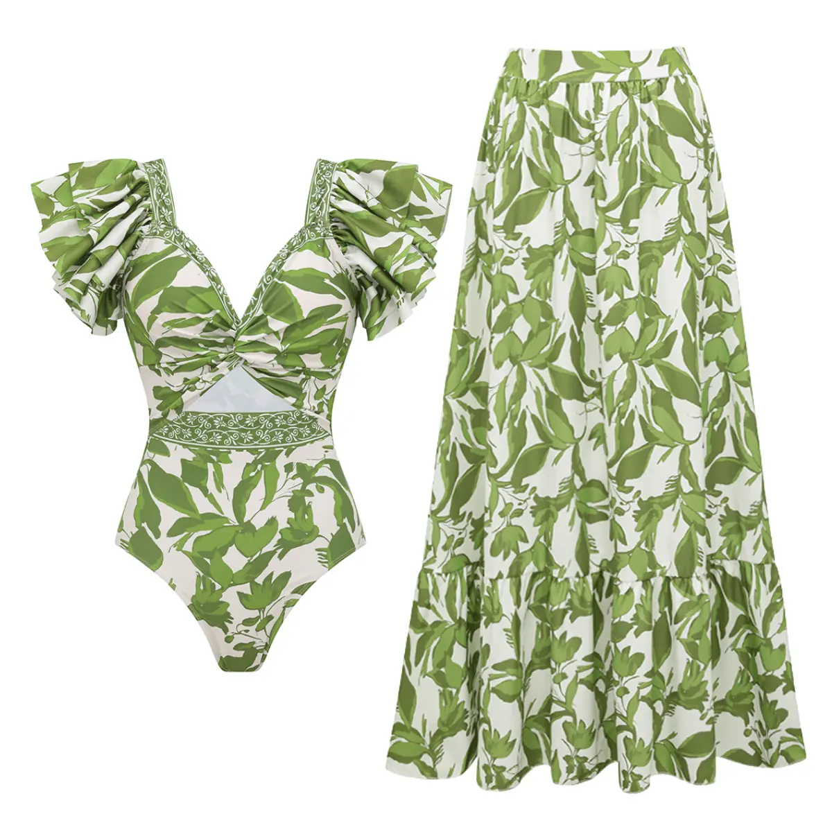 FLAXMAKER Women's Ruffle V Neck Green Print Cut Out One Piece Swimsuit and Matching Skirt Setand Matching Cover Skirt Set Swimdress Stylish Beachwear Bathing Suit Swimwear Coverups vacation swimwear for women#Summervibes #SwimWeek