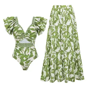 FLAXMAKER Women's Ruffle V Neck Green Print Cut Out One Piece Swimsuit and Matching Skirt Setand Matching Cover Skirt Set Swimdress Stylish Beachwear Bathing Suit Swimwear Coverups vacation swimwear for women#Summervibes #SwimWeek