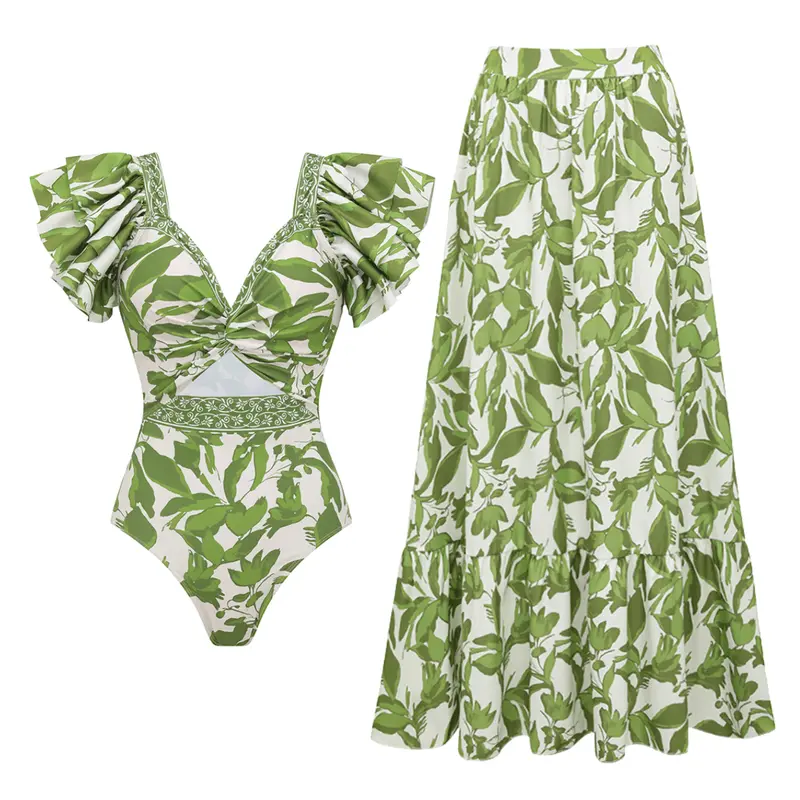 FLAXMAKER Women's Ruffle V Neck Green Print Cut Out One Piece Swimsuit and Matching Skirt Setand Matching Cover Skirt Set Swimdress Stylish Beachwear Bathing Suit Swimwear Coverups vacation swimwear for women#Summervibes #SwimWeek